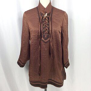 Ali Miles Tunic Top Womens Size XL Brown Metallic Lace Up Slit Hem